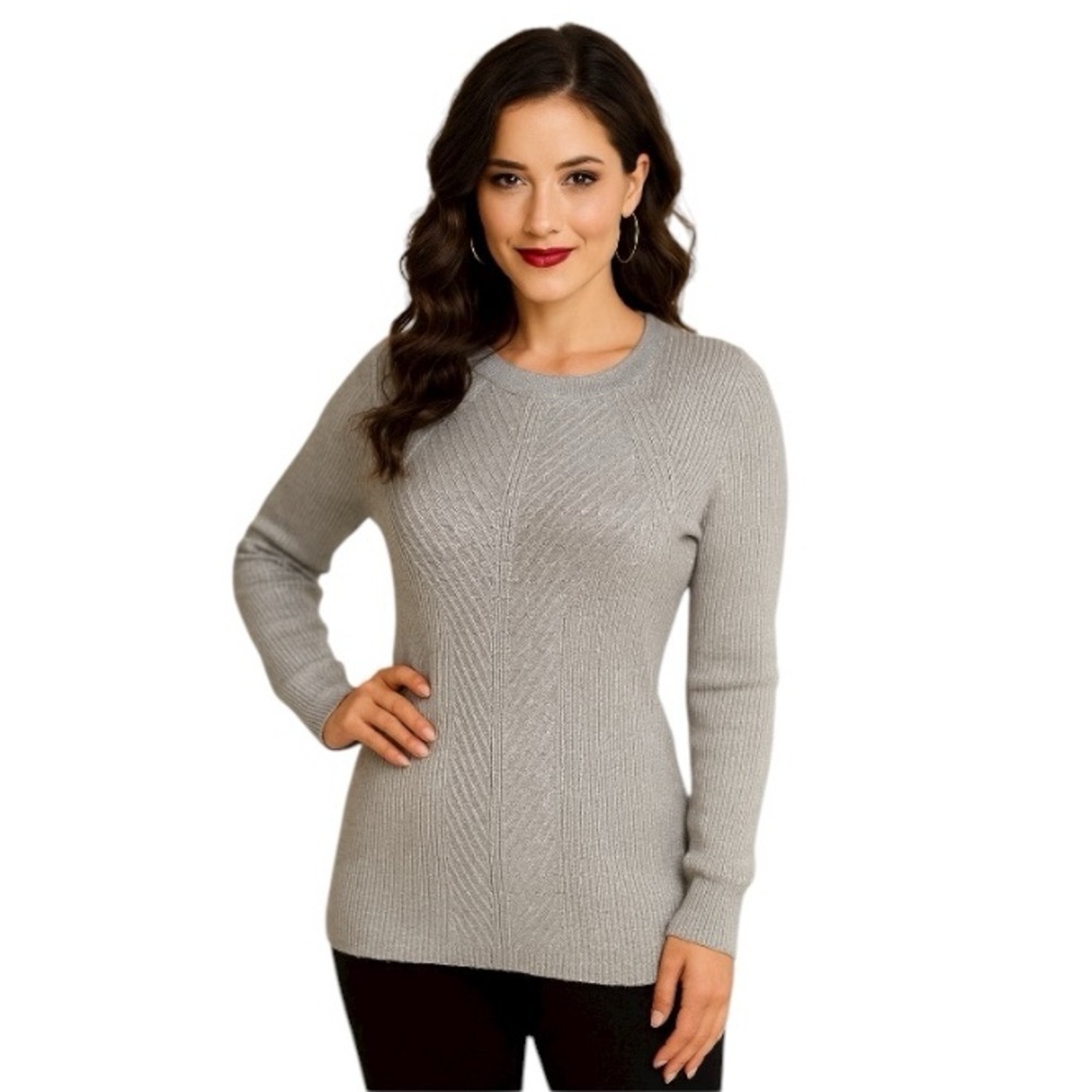 Nine West NEW Classic Preppy Metallic Holiday Ribbed Crewneck Sweater Size M